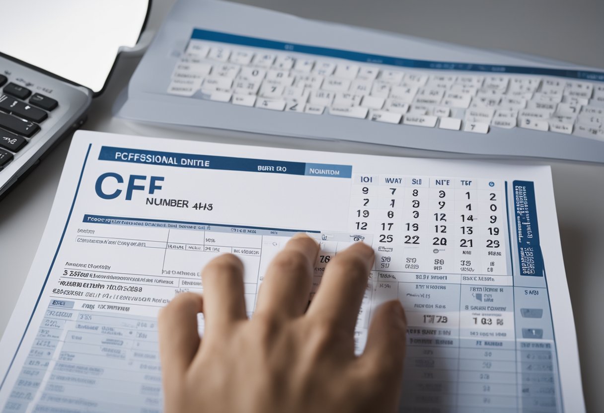 Uma pessoa digitando um número de CPF em um computador, com um calendário e uma certidão de nascimento ao fundo