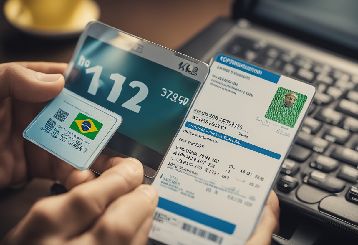 Uma pessoa segurando um documento de identidade brasileiro e uma lupa, com uma tela de computador mostrando uma data de nascimento sendo revelada através de uma busca pelo número do CPF.