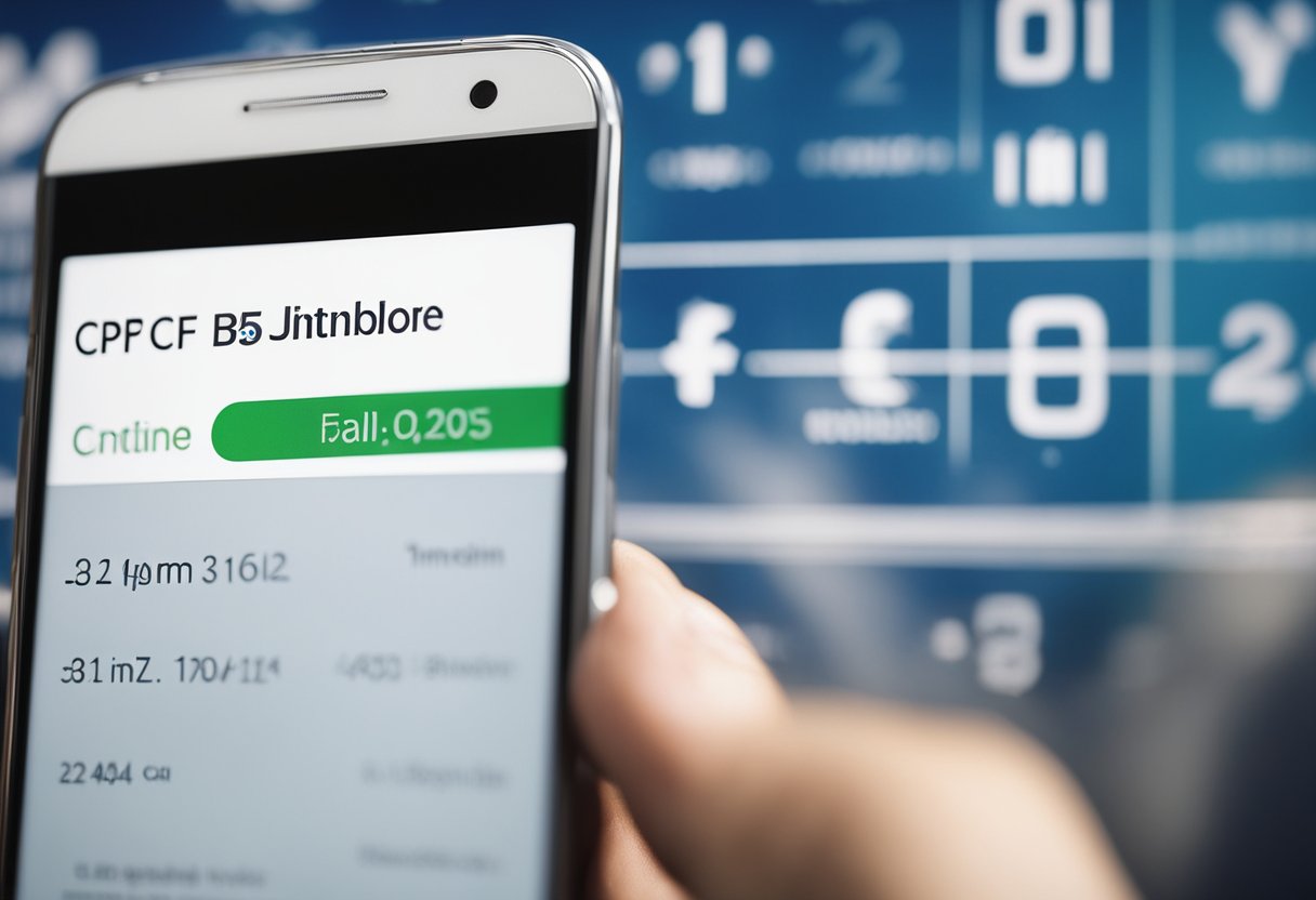 Uma pessoa segurando um smartphone e digitando um número de CPF em uma barra de busca, com o telefone exibindo o resultado de encontrar um número de telefone associado ao CPF.