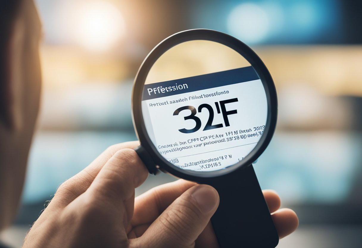 Uma mão segurando um smartphone com um ícone de lupa sobre um fundo desfocado de uma tela de computador e um documento com um número de CPF