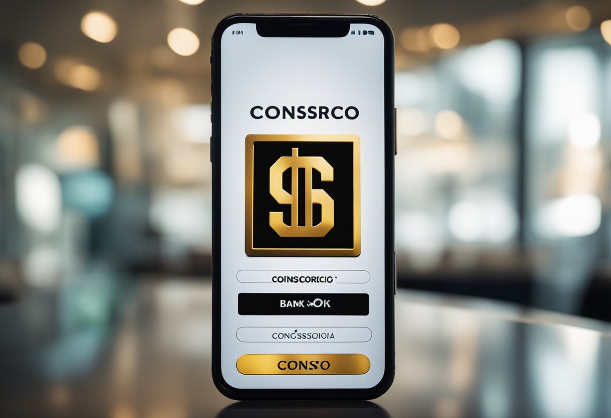 Um logo de banco exibido na tela de um smartphone com a opção "consórcio" destacada no menu do aplicativo