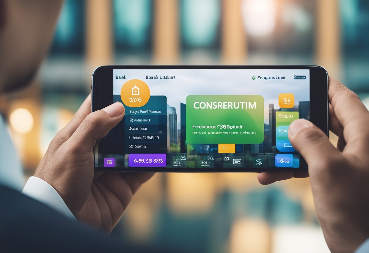 Um aplicativo bancário exibindo um novo recurso para a compra de consórcios, com gráficos coloridos e uma interface amigável.