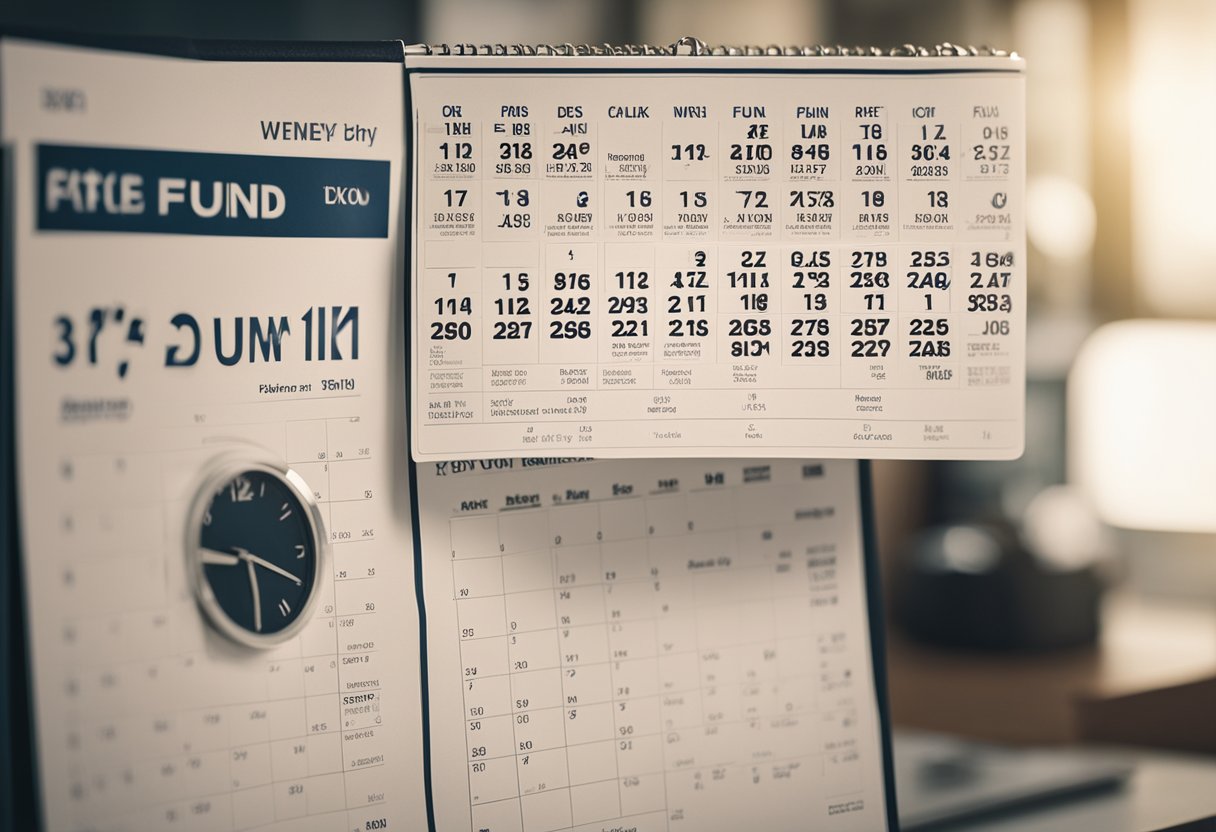 Um calendário com a data circunscrita, um extrato bancário com um depósito e um relógio mostrando a hora exata em que os fundos do Bolsa Família são depositados em uma conta.