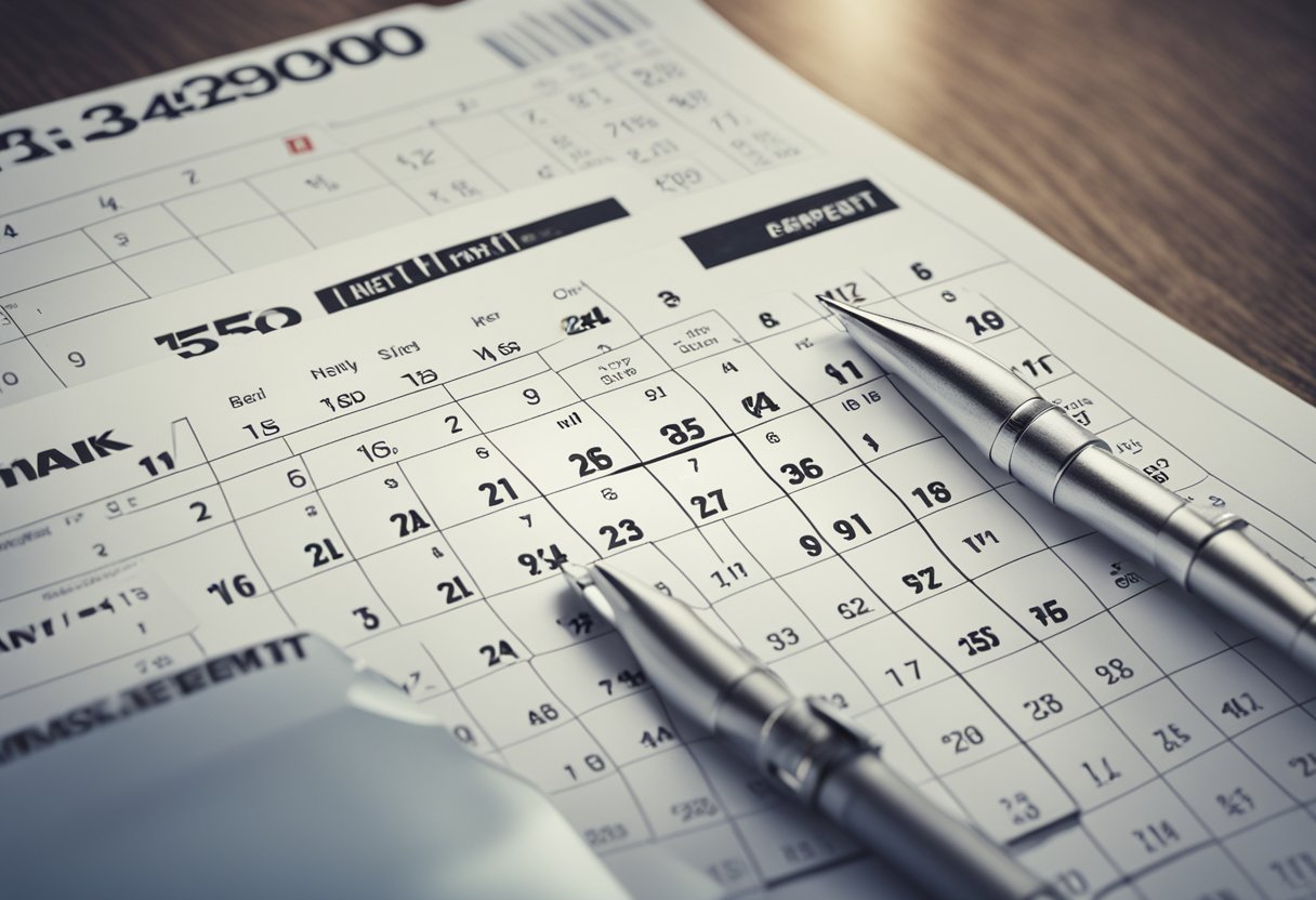 Um calendário com a data circulada e um extrato bancário mostrando um depósito