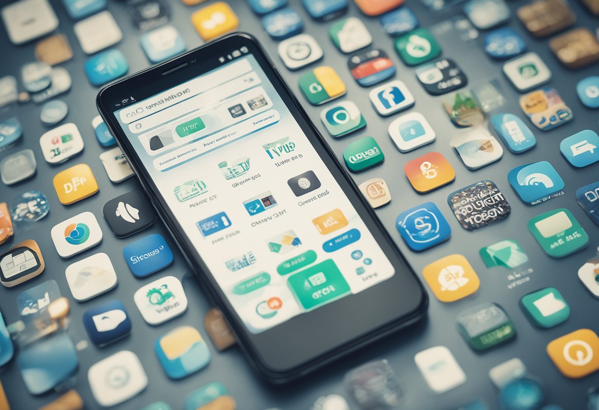 Um celular com uma tela exibindo o aplicativo Pix aberto em uma barra de pesquisa com "CPF" digitado, cercado por vários ícones de diferentes instituições financeiras.
