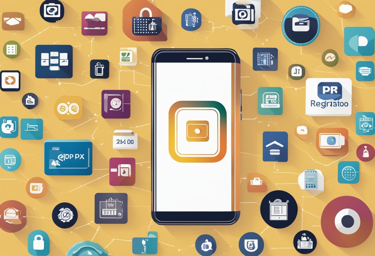 Um smartphone com um logotipo do PIX na tela, cercado por vários ícones representando diferentes opções de registro de CPF.