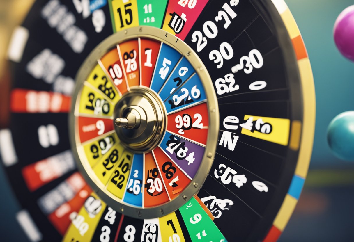 Uma roda de loteria colorida gira, com bolas numeradas saindo. Um calendário mostra os dias da semana, destacando os dias do sorteio da Lotomania.