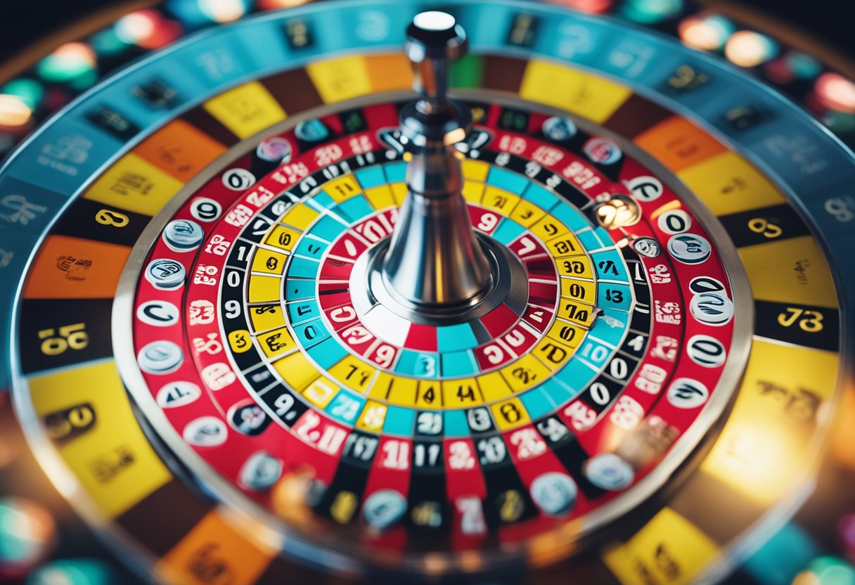 Uma roda de loteria colorida gira com bolas numeradas, cercada por espectadores animados.