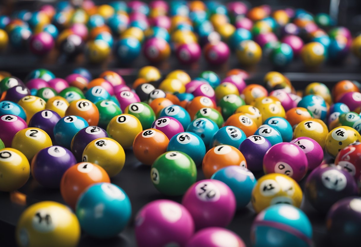 Dias de sorteio da Lotomania: bolas de loteria coloridas em uma máquina giratória, com números variando de 00 a 99, cercadas de antecipação e emoção