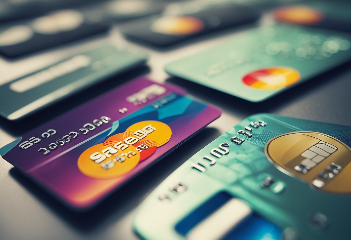 Uma linha de seis cartões de crédito com altos limites, exibidos em uma superfície moderna e elegante