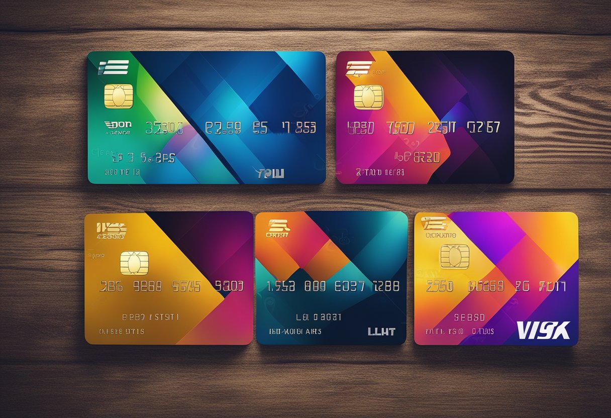 Seis cartões de crédito com designs e cores variados dispostos em um ranking dos 6 melhores, com cada cartão exibindo um alto limite de crédito.