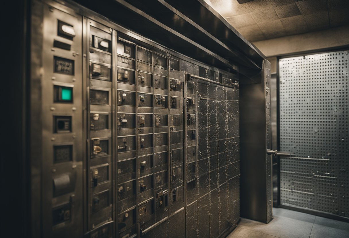 Um cofre bancário esquecido, com teias de aranha e caixas de segurança cobertas de poeira