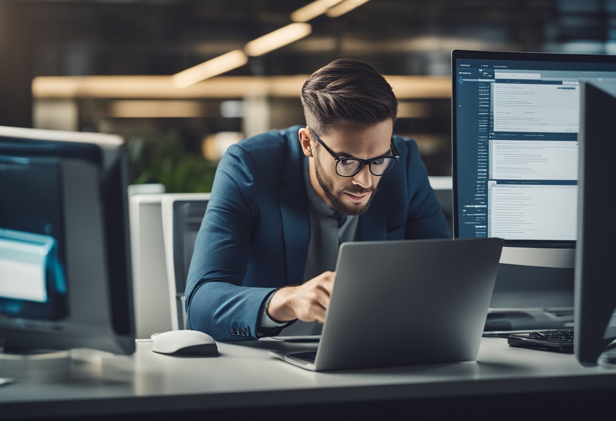 Uma pessoa sentada em um computador, digitando no site de um banco para verificar se há fundos não reclamados, com uma expressão de surpresa ao descobrir dinheiro que lhe é devido.