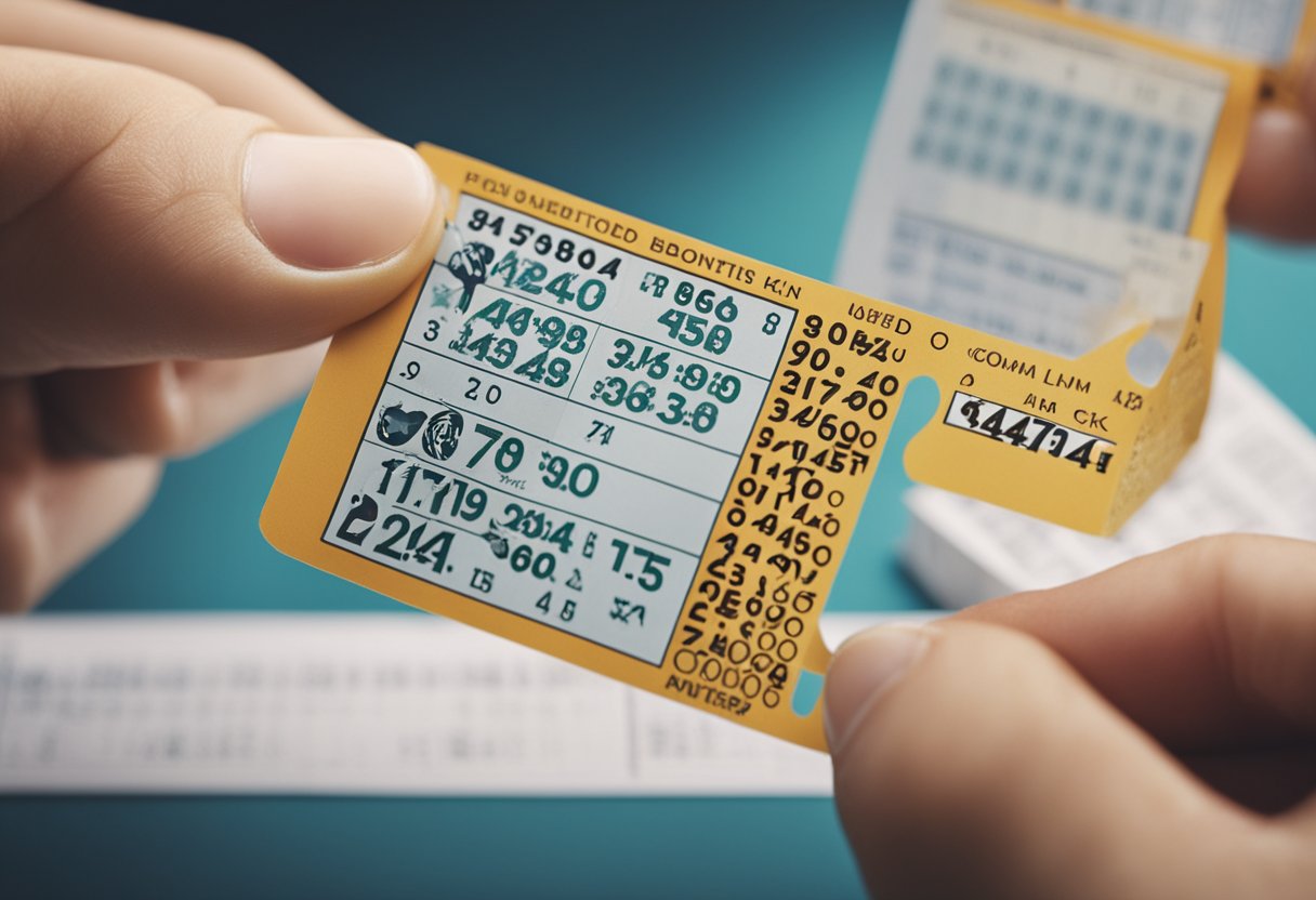 Um bilhete de loteria sendo verificado e os números sendo revelados