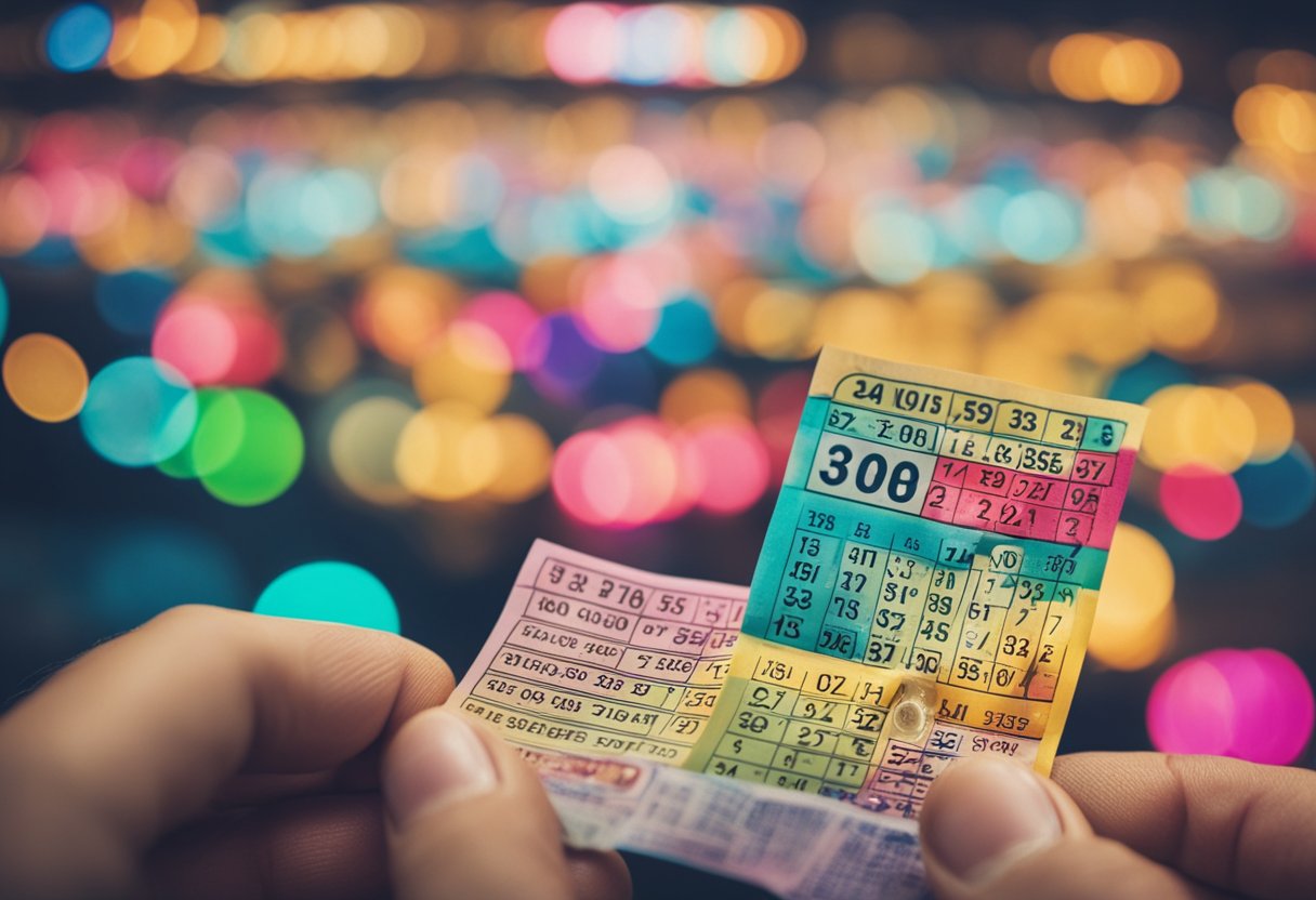 Um bilhete de loteria colorido com números sendo selecionados e circulados