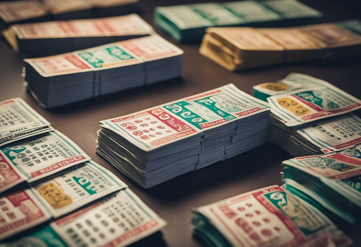 Vários bilhetes de loteria sendo desdobrados e espalhados sobre uma mesa