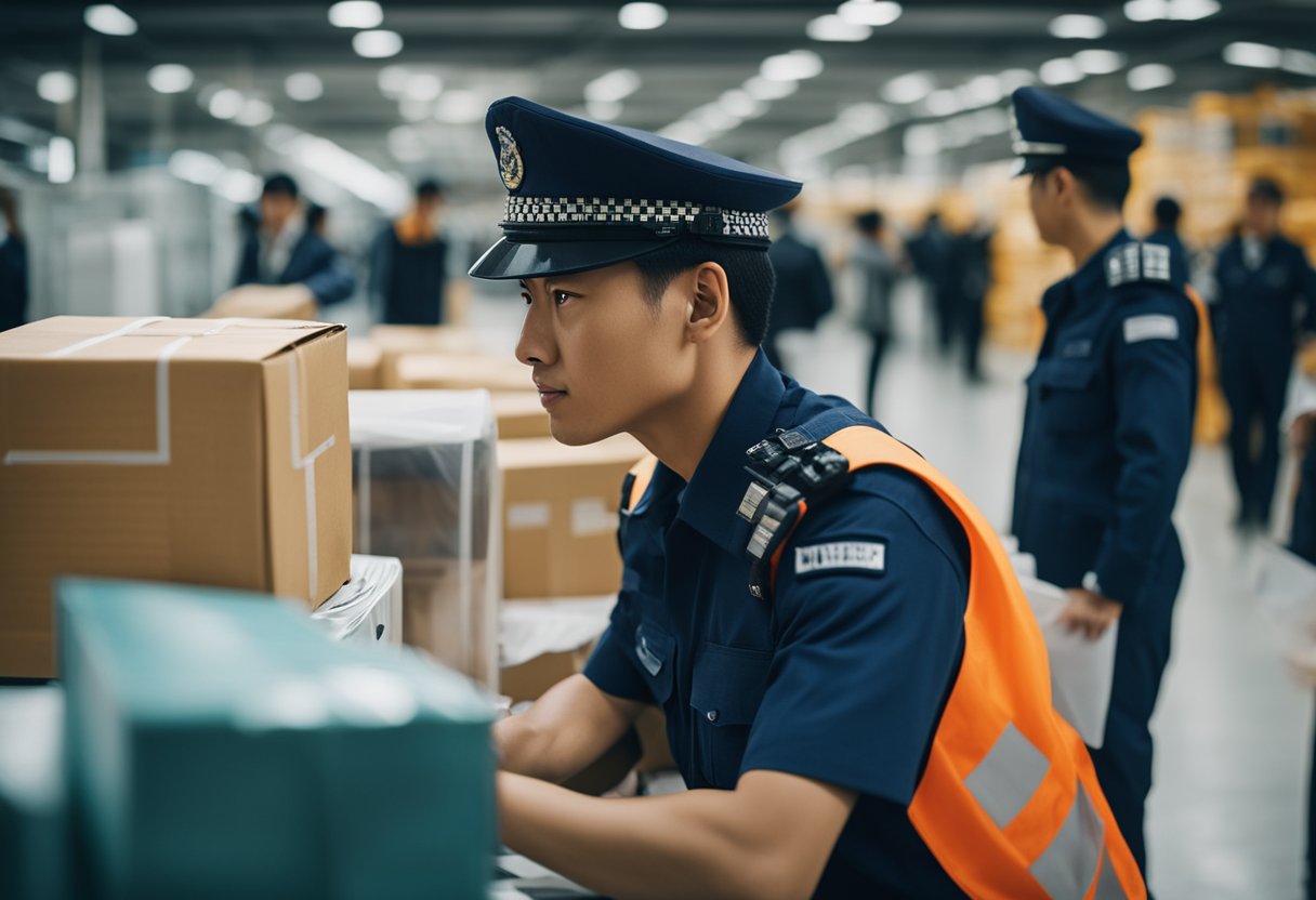 Um oficial de alfândega inspecionando pacotes da AliExpress em um posto de controle de fronteira