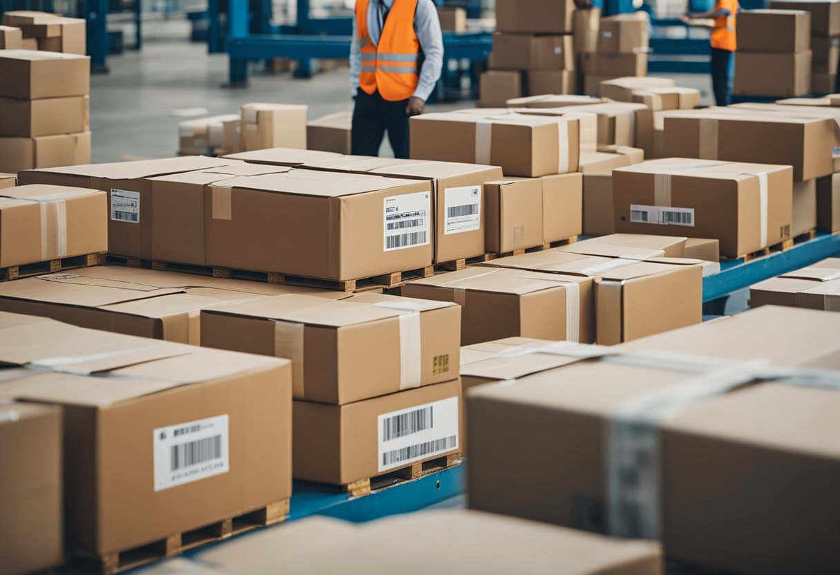 Um pacote do AliExpress sendo inspecionado por oficiais da alfândega em um porto, com vários itens sendo examinados e processados.