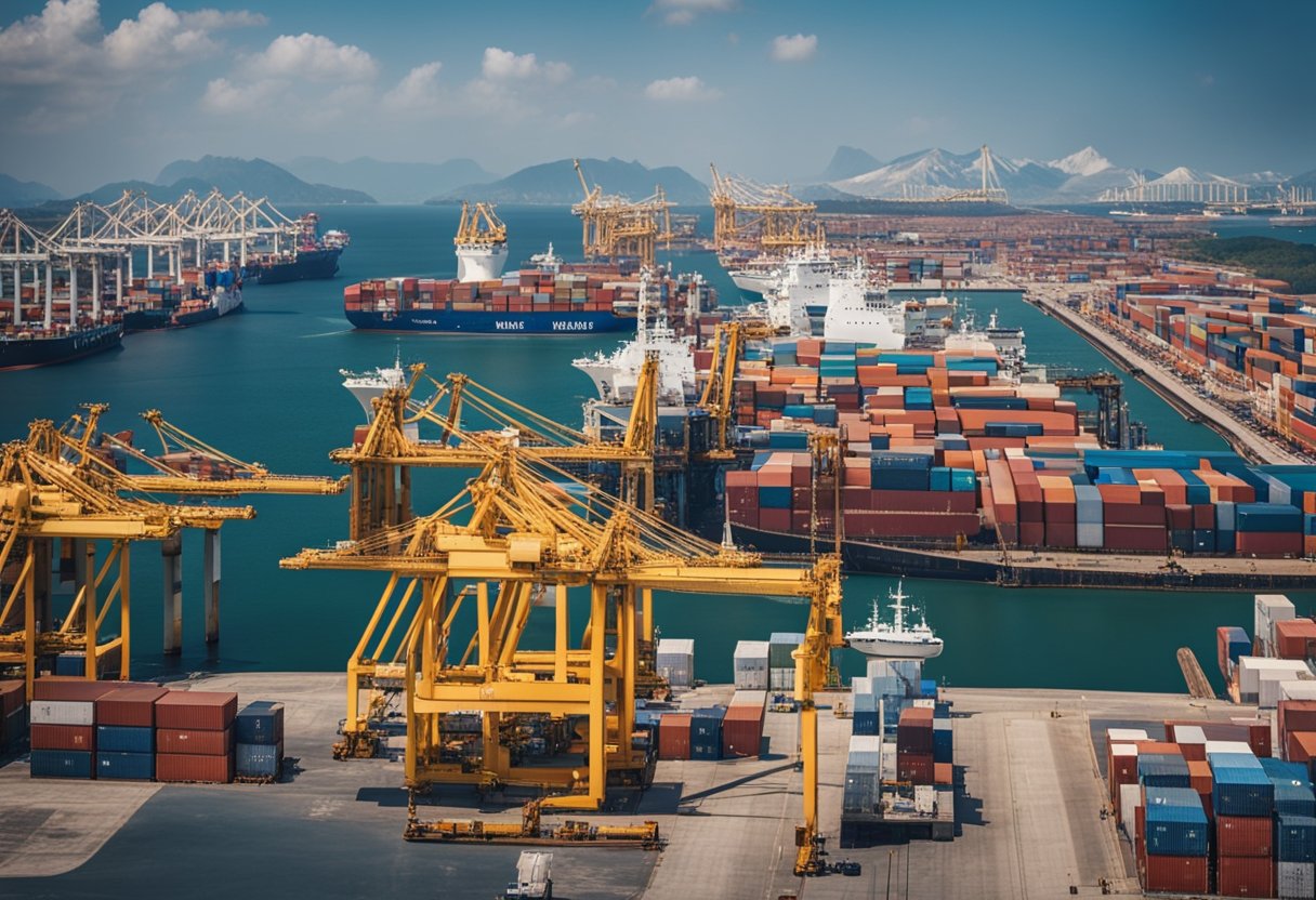 Um porto movimentado com navios de carga descarregando na alfândega, trabalhadores inspecionando pacotes e um relógio mostrando a passagem do tempo