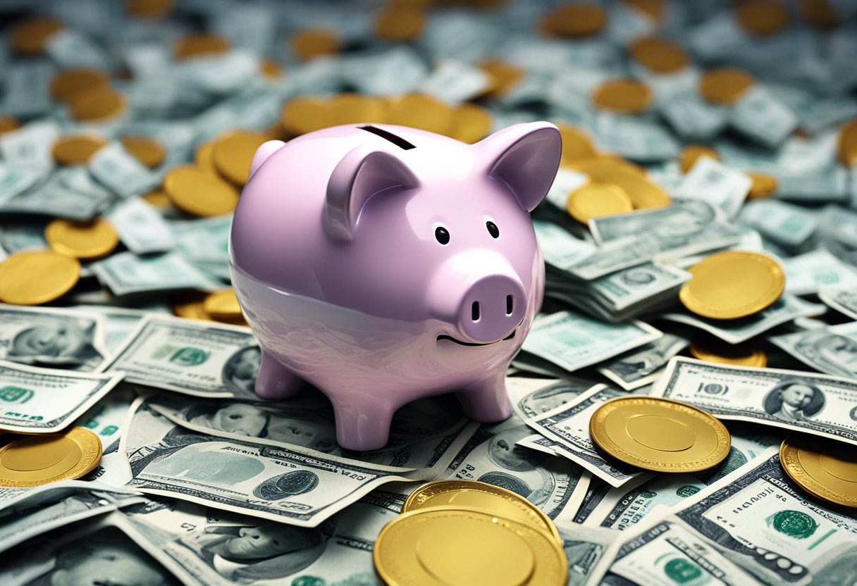 Um cofre colorido com uma grande fenda para moedas, cercado por várias notas e itens relacionados a dívidas