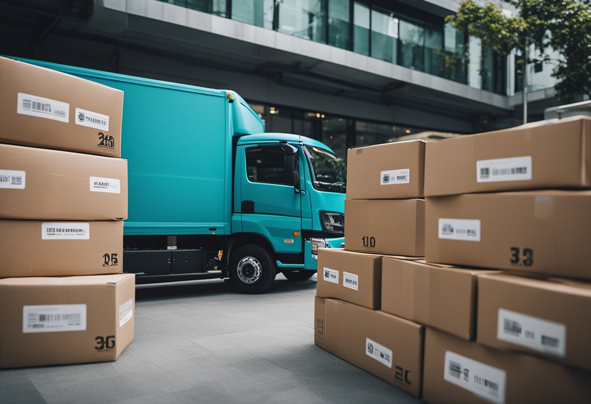 Um caminhão de entrega descarregando pacotes da Shein, AliExpress e Shopee na porta de entrada