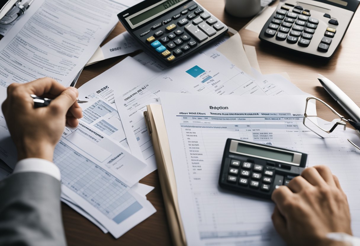 Uma pessoa sentada em uma mesa com uma calculadora e papéis, parecendo estressada