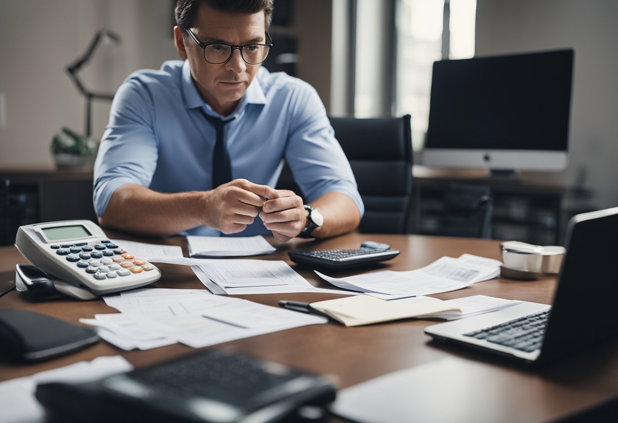 Uma pessoa sentada em uma mesa com uma pilha de contas e uma calculadora, parecendo determinada enquanto faz chamadas telefônicas para negociar o pagamento de dívidas.