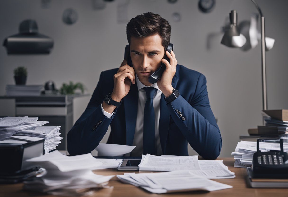 Uma pessoa sentada em uma mesa cercada por contas e papéis, com uma expressão determinada enquanto faz uma ligação para negociar suas dívidas.