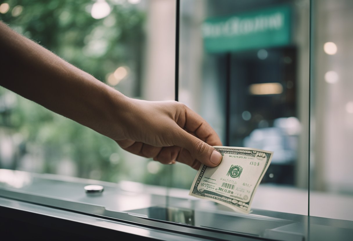 Uma mão colocando um cheque rejeitado na janela de um caixa de banco