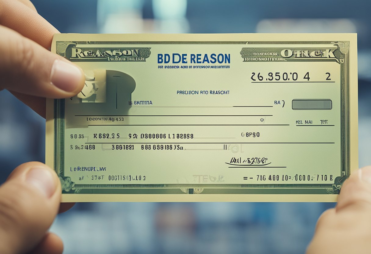 Uma pessoa recebendo um cheque rejeitado com um carimbo de "razão 22" de um caixa de banco