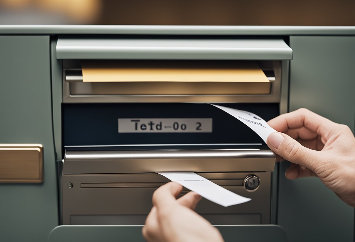 Uma mão colocando um papel com "TED motivo 02" em uma caixa de depósito bancário