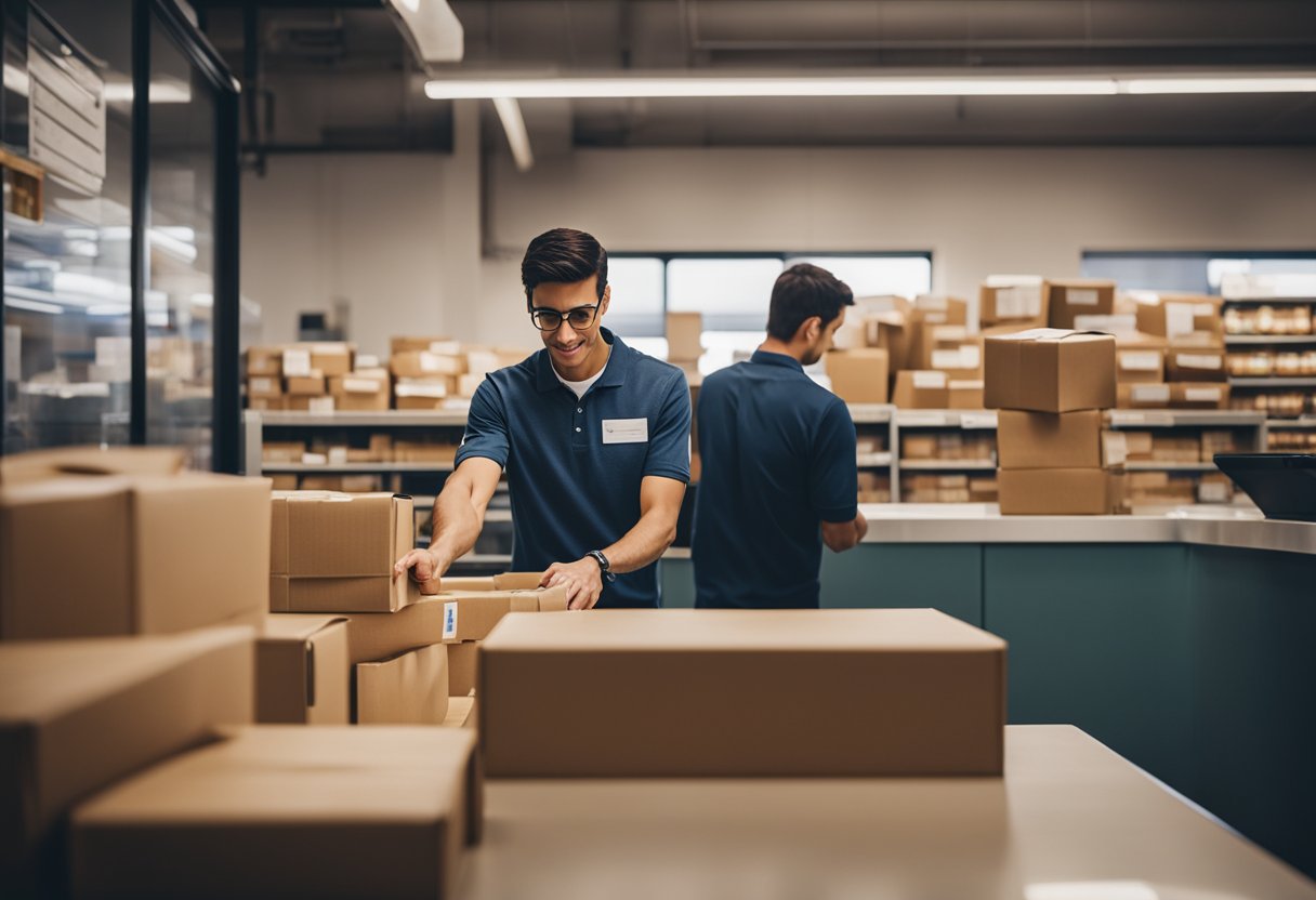 Uma pessoa entregando um pacote no balcão de uma agência dos correios