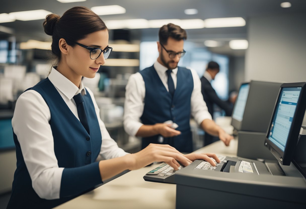 Um caixa de banco processando uma transação TED devolvida com o código de motivo 02