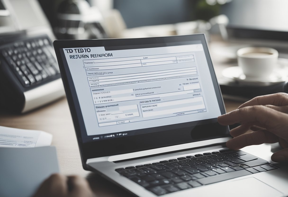 Uma pessoa preenchendo um formulário de devolução online com um computador e um código ted motivo 02 exibido na tela