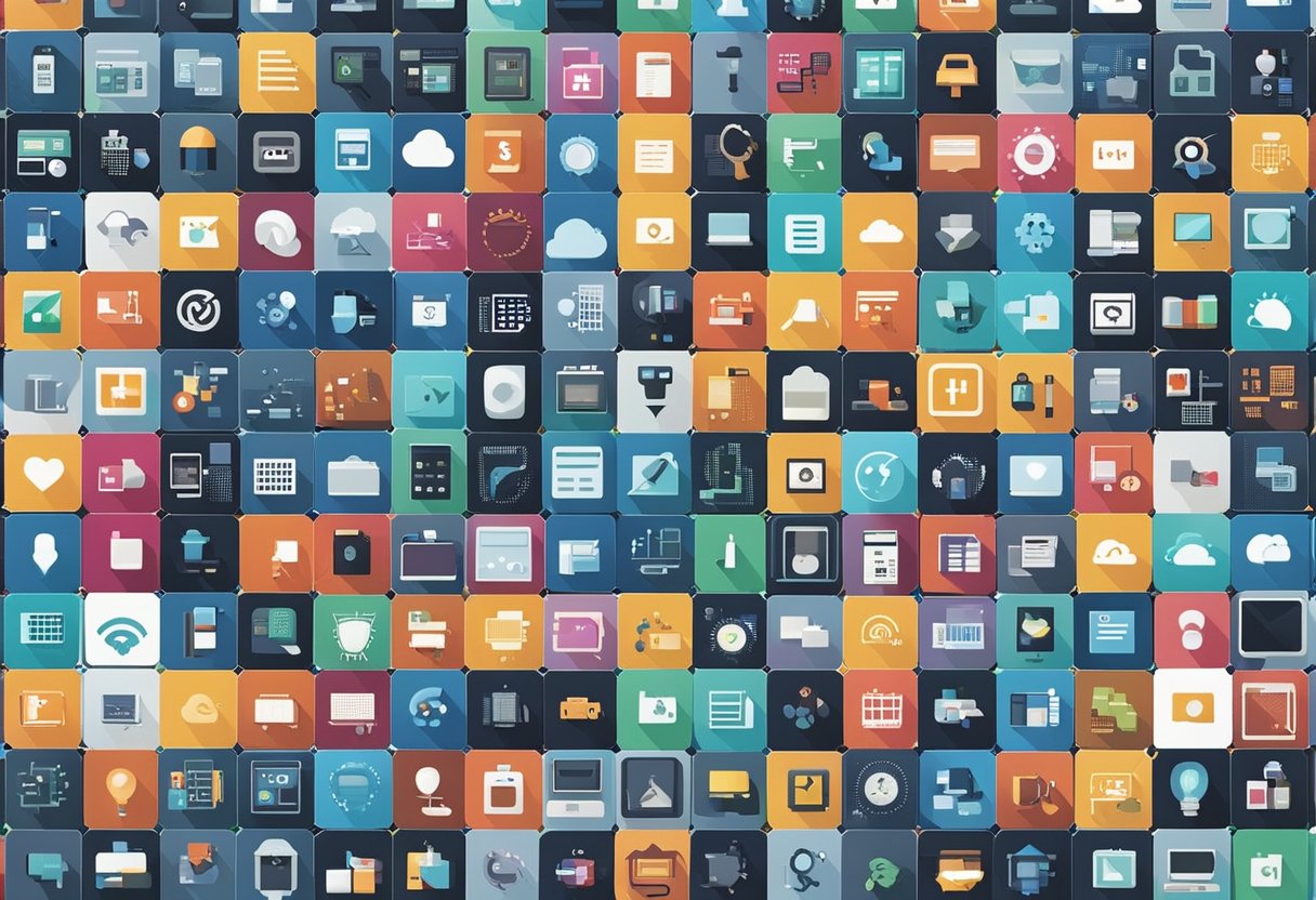 Uma coleção de ícones pixelizados coloridos representando vários conceitos de tecnologia e software dispostos em um padrão de grade