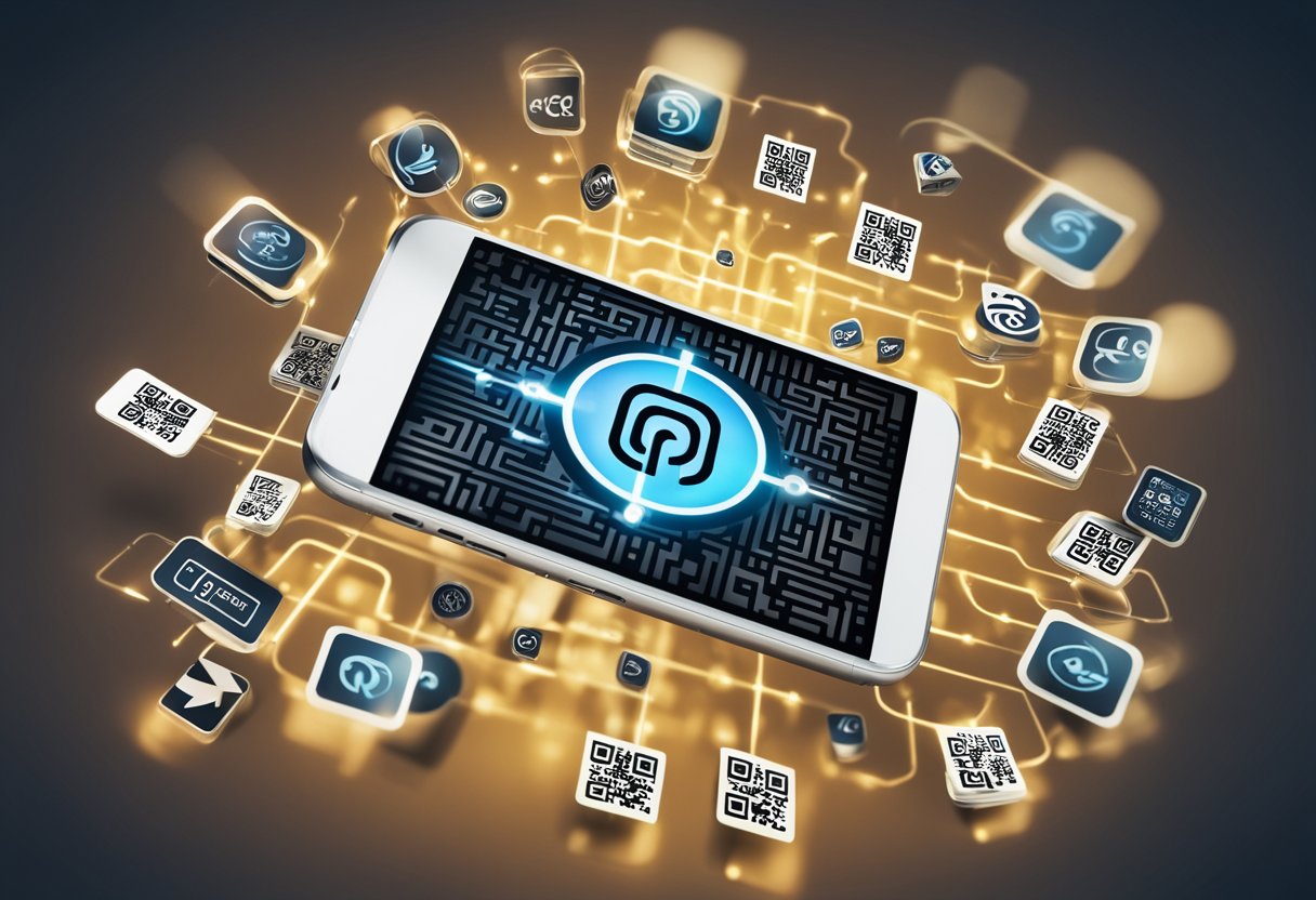 Um smartphone exibindo um código QR com um logo do DevRec PIX, cercado por vários ícones de pagamento e uma interface digital brilhante