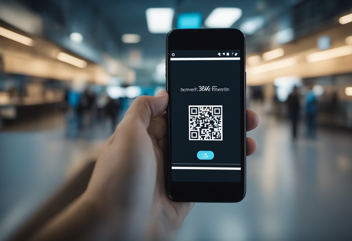 Um smartphone com um código QR exibido na tela, sendo escaneado por outro smartphone com o aplicativo DevRec PIX aberto