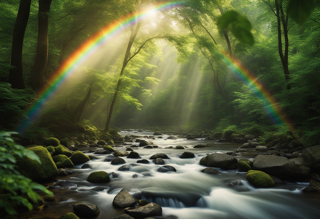 Um arco-íris brilha sobre um riacho calmo e claro em uma floresta verdejante.