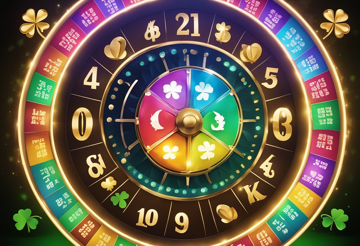 Uma roda de loteria colorida gira, cercada por símbolos de sorte como trevos de quatro folhas e ferraduras. Raios de luz brilham sobre a cena.