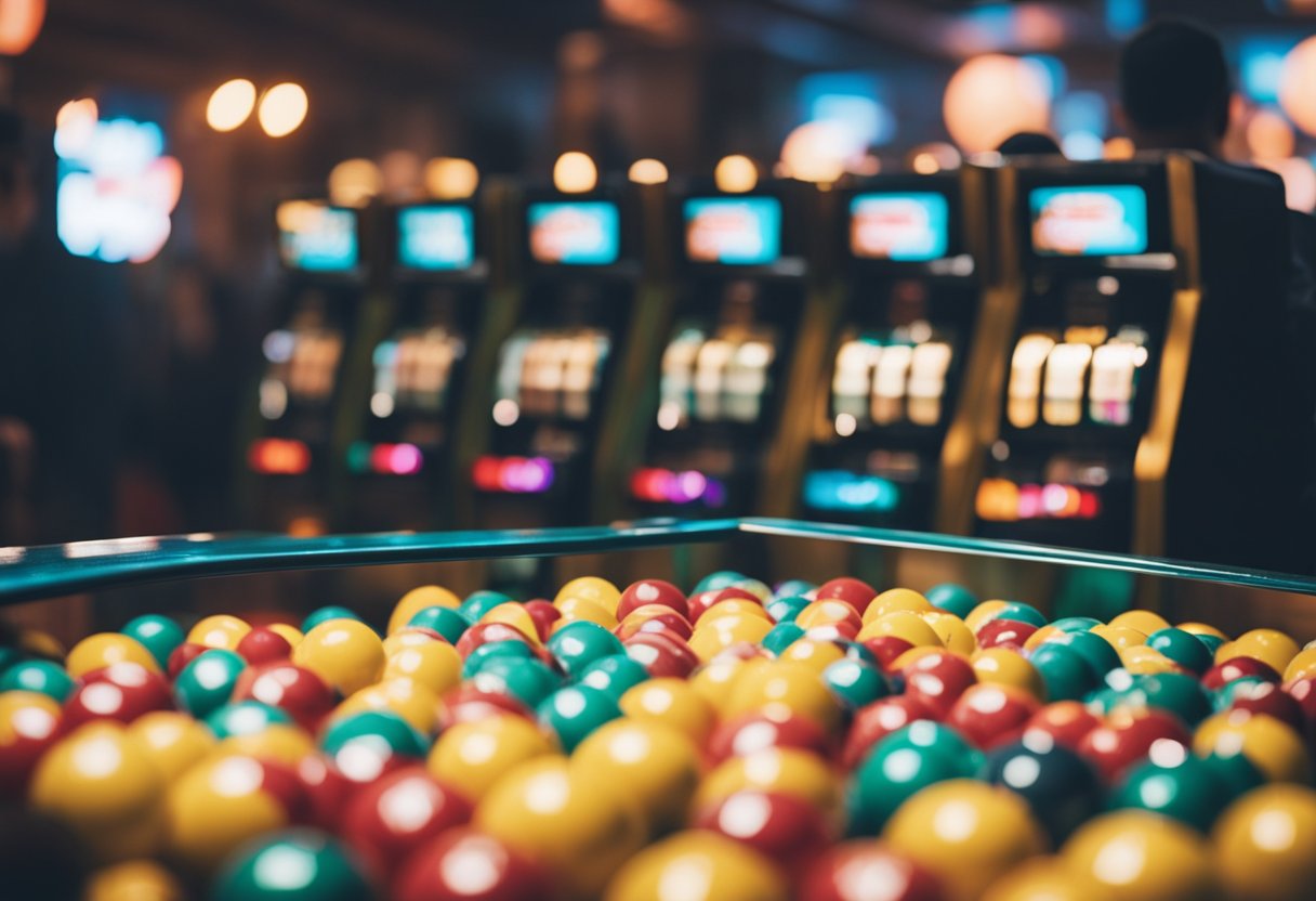 Uma máquina de loteria colorida com bolas numeradas girando dentro, cercada por expectadores ansiosos