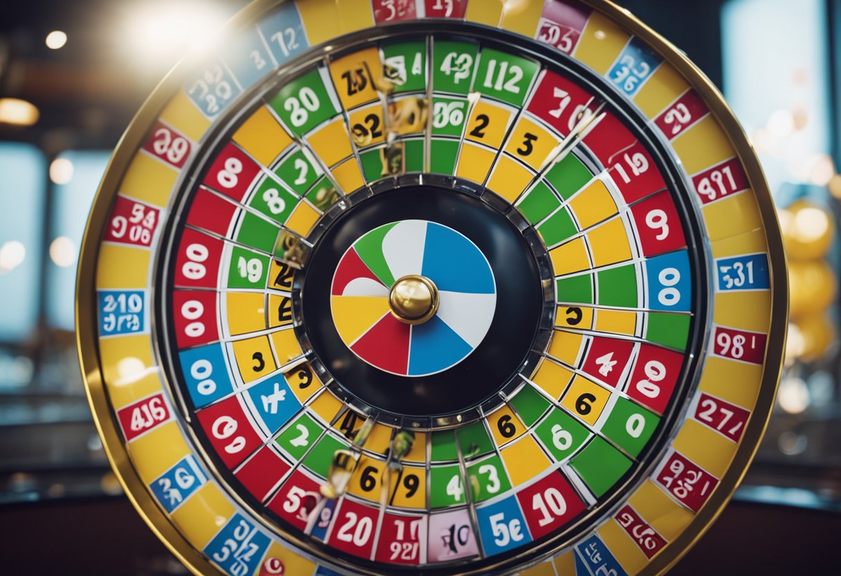 Uma roda de loteria colorida gira, com bolas numeradas saindo voando.