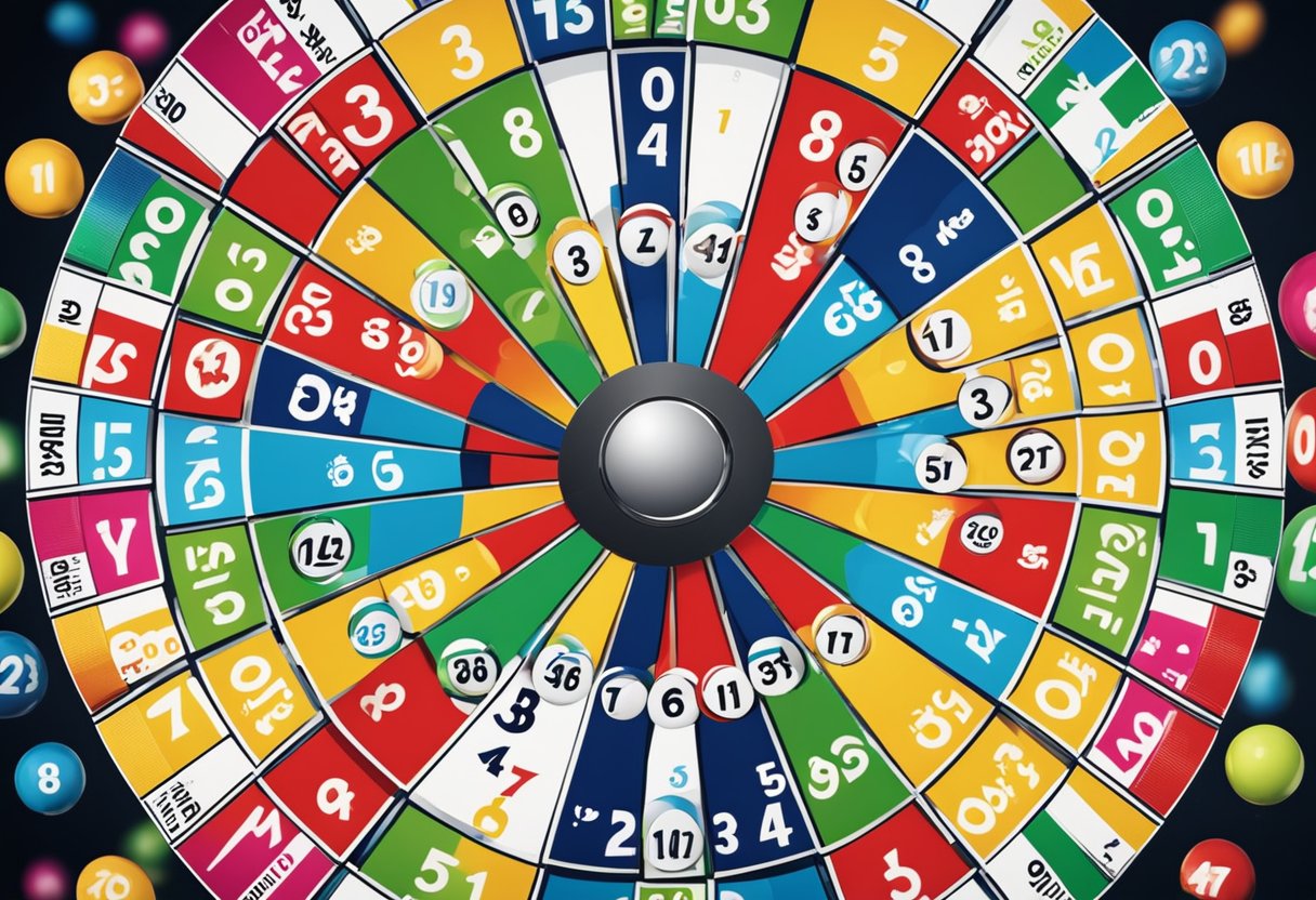 Uma roda de loteria colorida girando com bolas numeradas para o sorteio da Lotomania