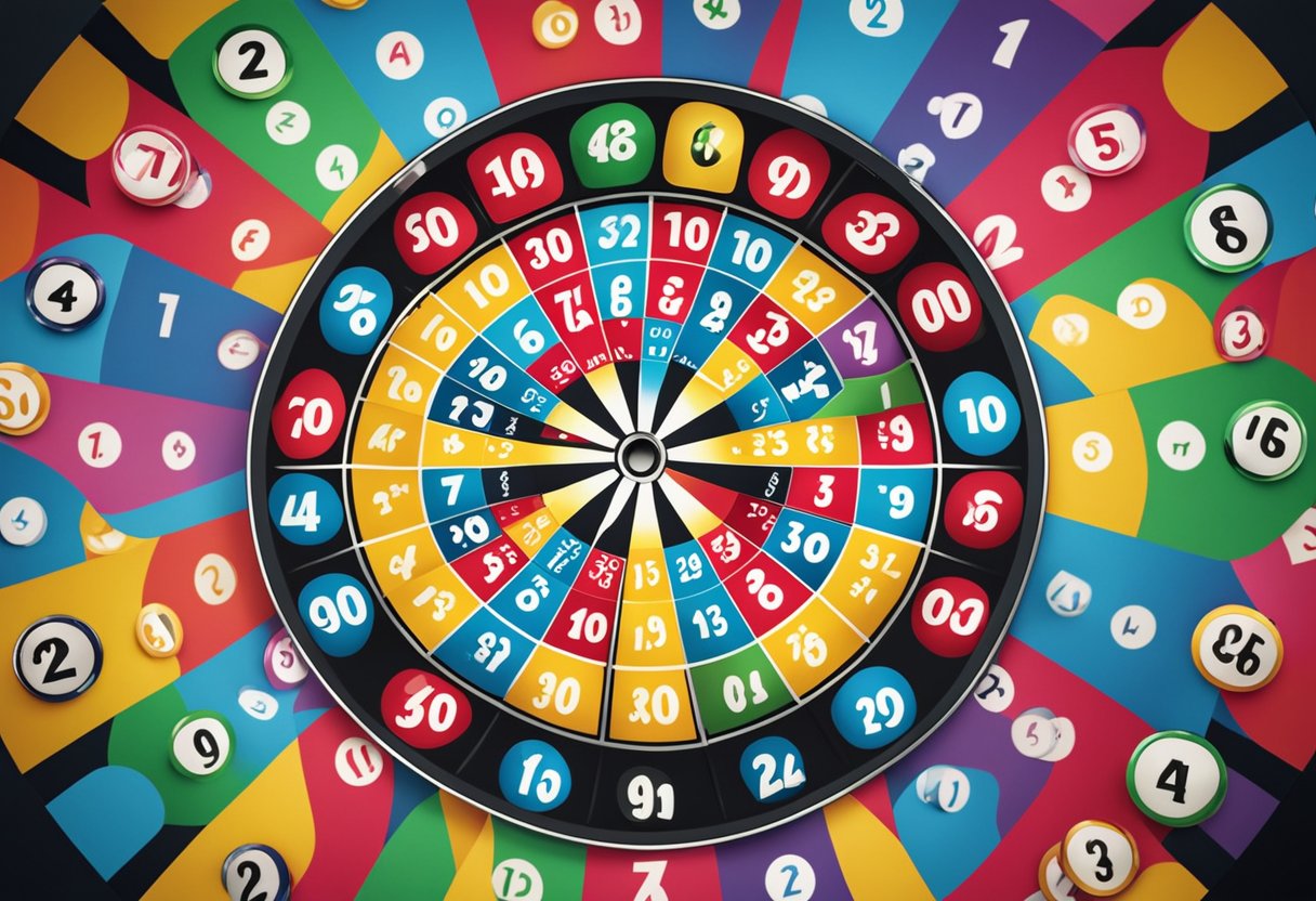 Uma roda de loteria colorida girando com bolas numeradas para o sorteio da Lotomania
