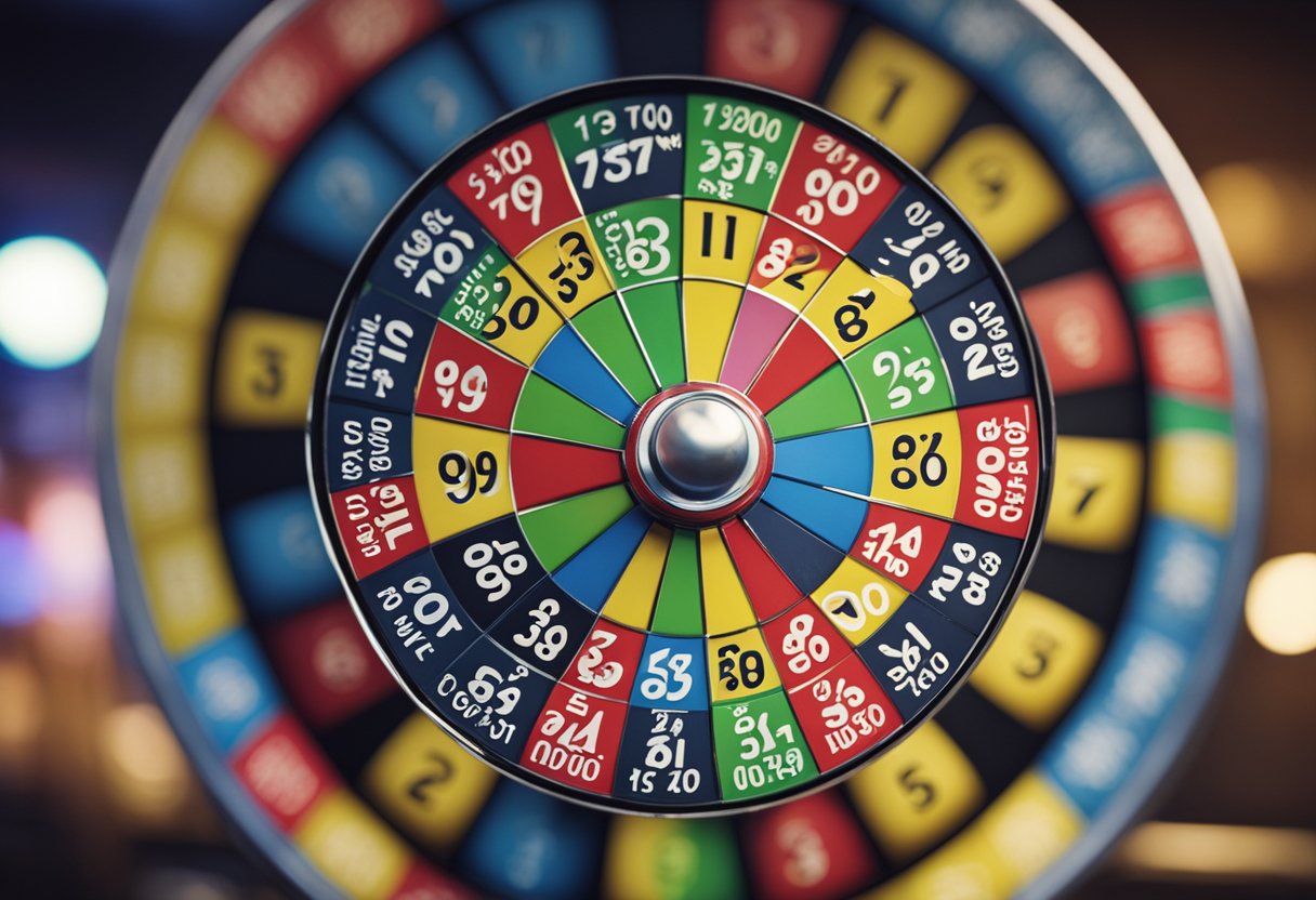 Uma roda de loteria colorida girando com bolas numeradas