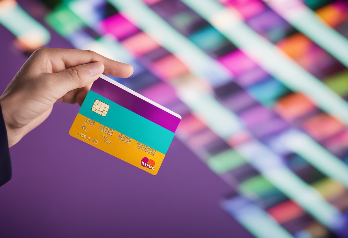 Uma mão segurando um cartão de crédito Nubank com um gráfico de barras crescente simbolizando um limite de crédito em aumento