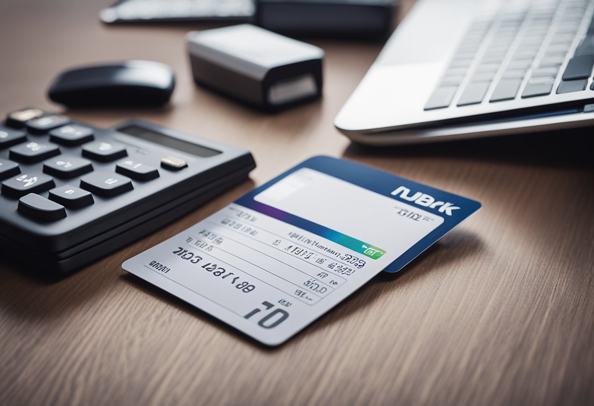 Um cartão de crédito do Nubank em cima de uma mesa, cercado por uma calculadora, um laptop e uma pilha de documentos financeiros.