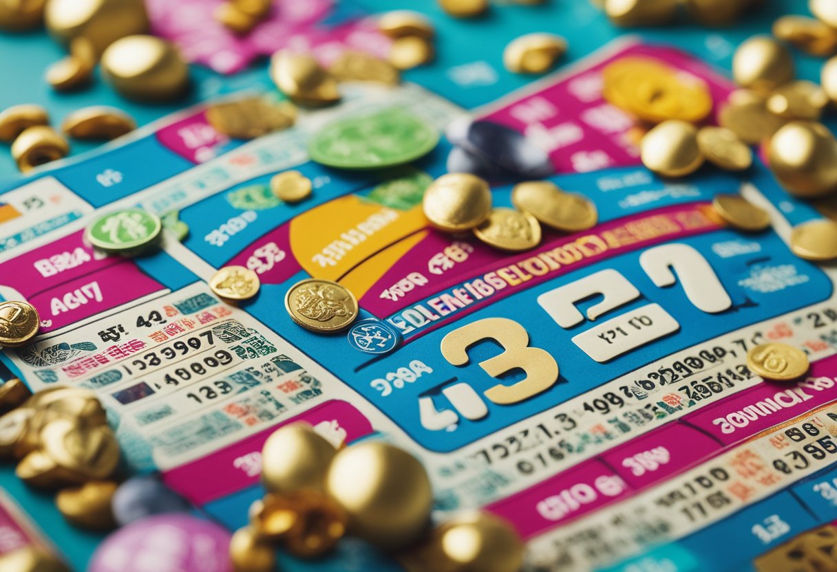 Um bilhete de loteria colorido cercado por amuletos da sorte e símbolos