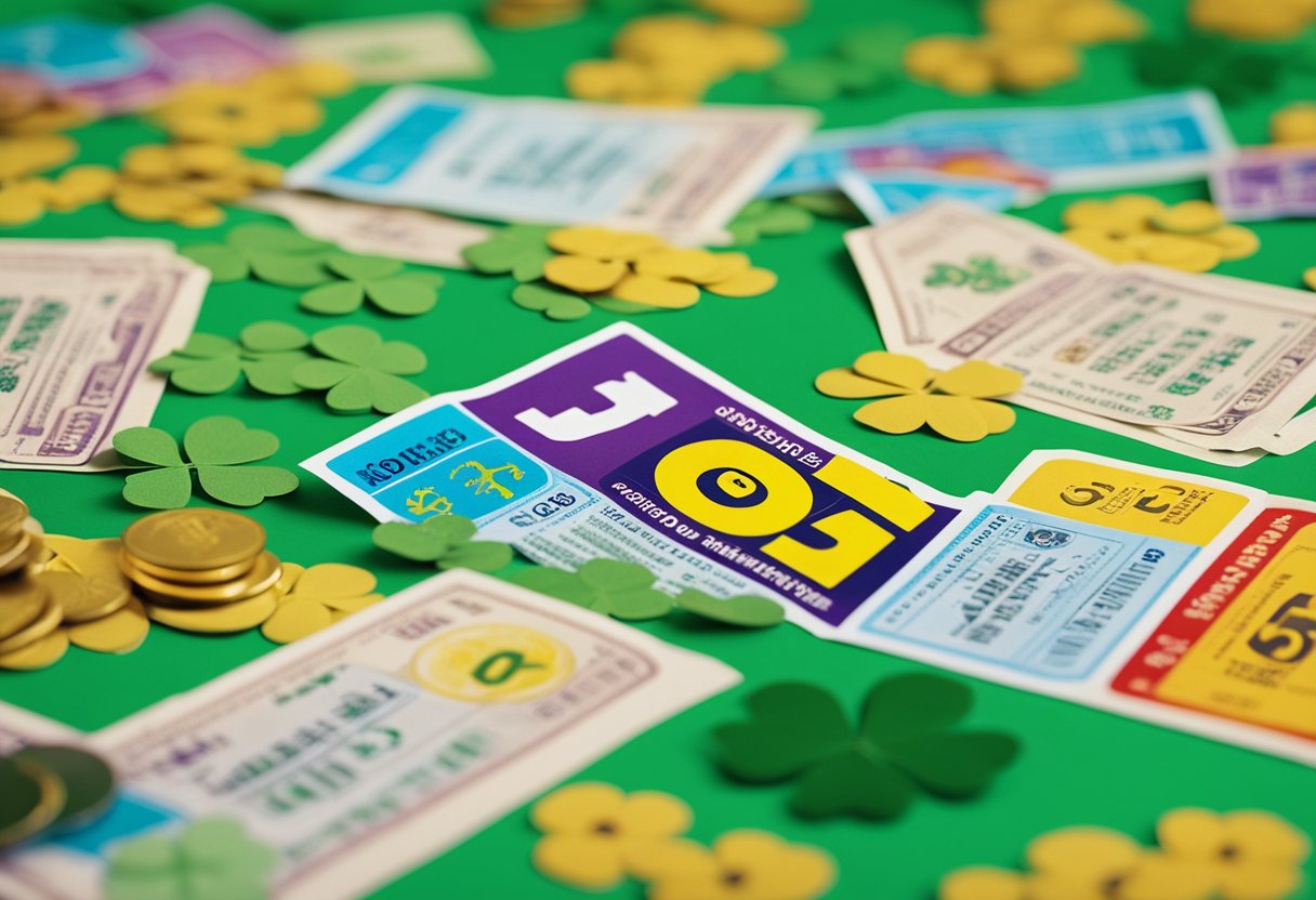 Um bilhete de loteria colorido cercado por trevos de quatro folhas, ferraduras e amuletos da sorte