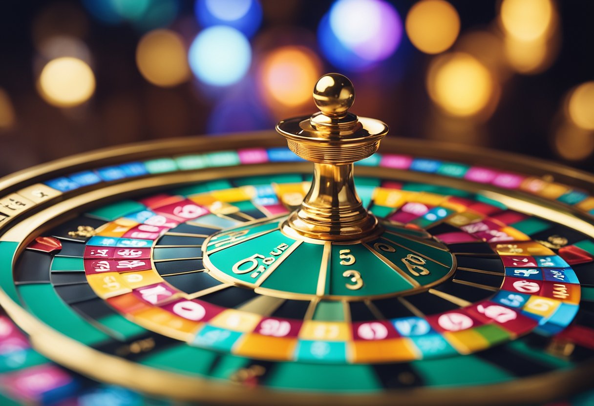 Uma roda da fortuna colorida com bolas numeradas, cercada por amuletos da sorte e símbolos de riqueza, com uma aura brilhante de sucesso