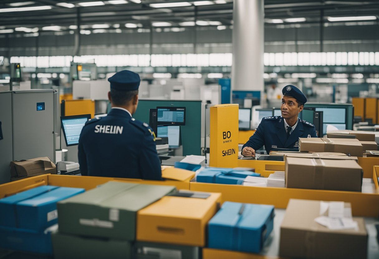 Um pacote colorido da Shein passa por um ponto de verificação aduaneira intocado, enquanto um oficial de alfândega frustrado coça a cabeça.